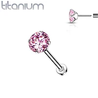 Implant Grade Titanium Threadless Push In Labret Flat Back Pink CZ Stud