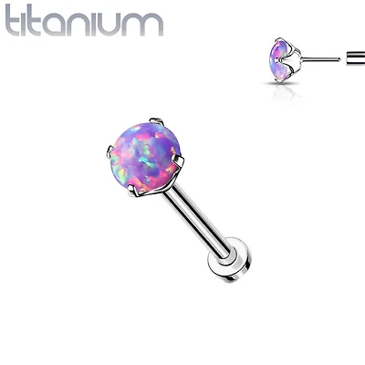 Implant Grade Titanium Threadless Push In Nose Ring Clawed Purple Opal Stone With Flat Back