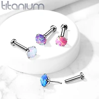 Implant Grade Titanium Threadless Push In Nose Ring Clawed White Opal Stone With Flat Back