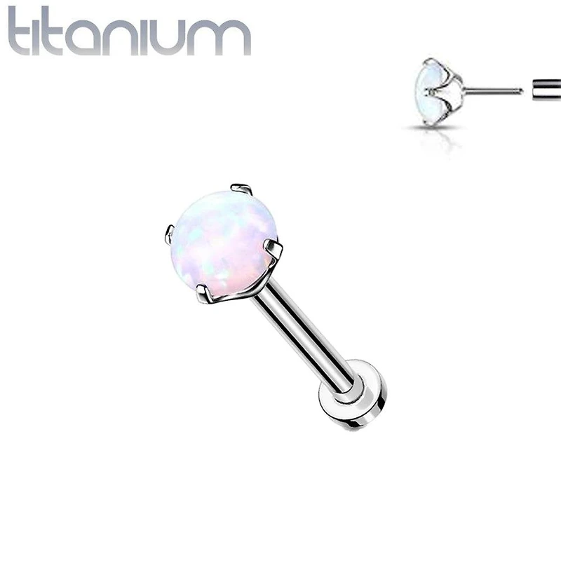 Implant Grade Titanium Threadless Push In Nose Ring Clawed White Opal Stone With Flat Back