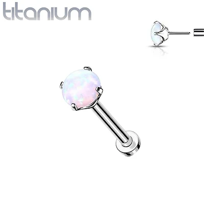 Implant Grade Titanium Threadless Push In Nose Ring Clawed White Opal Stone With Flat Back