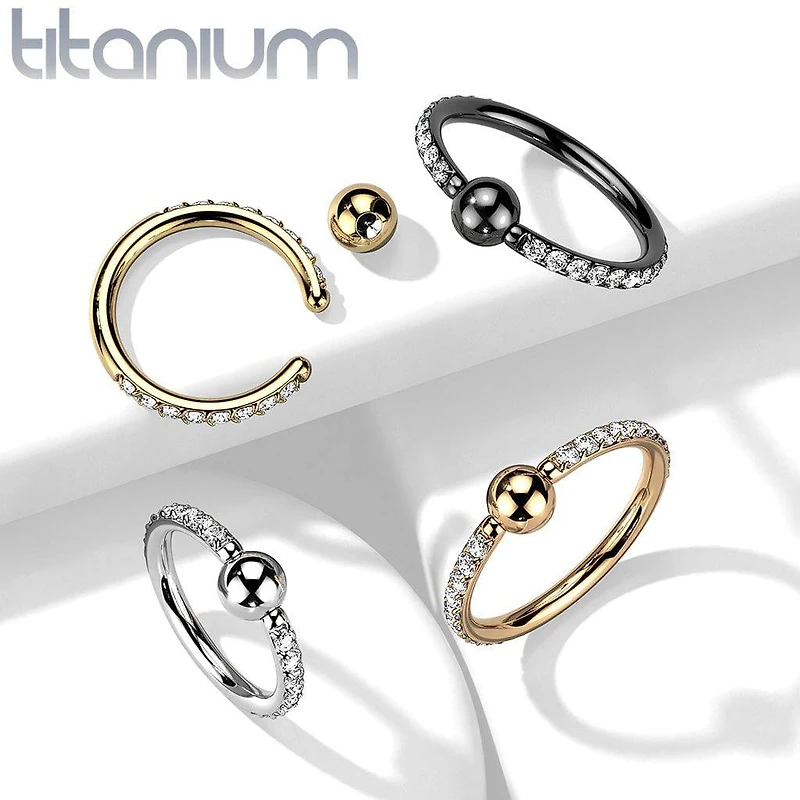 Implant Grade Titanium White CZ Pave CBR Hoop Ring