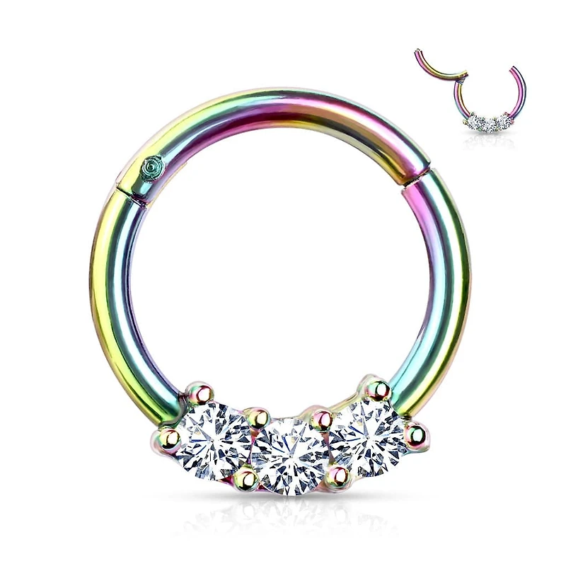 Multi Colour Surgical Steel 3 Gem White CZ Hinged Septum Ring Clicker