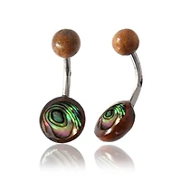 OrganicTamarind Wood and Abalone Shell Disc Surgical Steel Belly Button Navel Ring