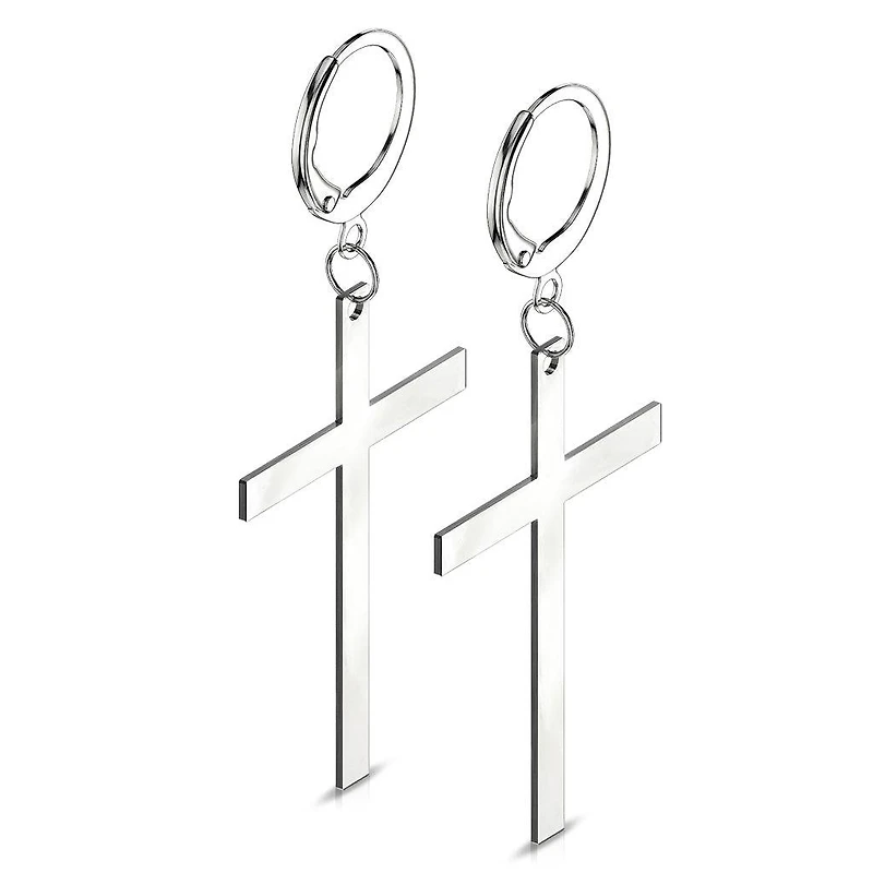 Pair 316L Surgical Steel Large Dangling Cross Earring Hoops