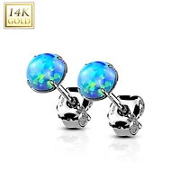 Pair Of 14KT Solid Gold Circle Round Clawed Blue Opal Stud Earrings