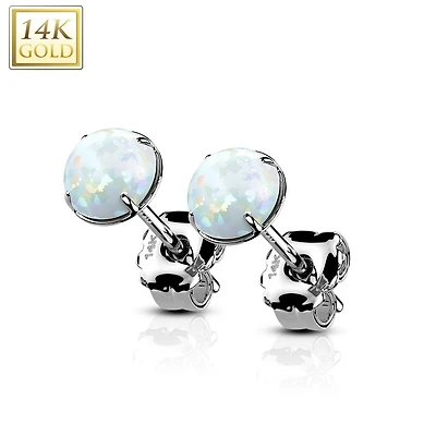 Pair Of 14KT Solid White Gold Circle Round Clawed White Opal Stud Earrings