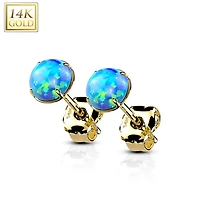 Pair Of 14KT Solid Yellow Gold Circle Round Clawed Blue Opal Stud Earrings
