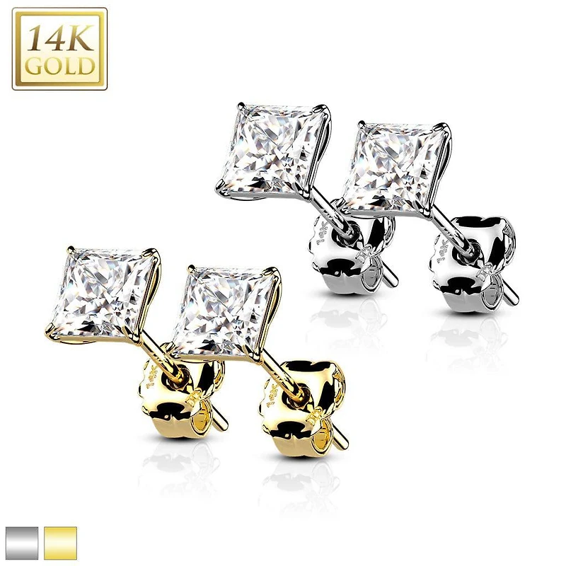 Pair Of 14KT Solid White Gold Square Clawed White CZ Stud Earrings