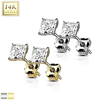 Pair Of 14KT Solid Yellow Gold Square Clawed White CZ Stud Earrings