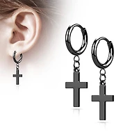 Pair Of 316L Surgical Steel Black PVD Thin Hoop Earrings With Dangling Cross