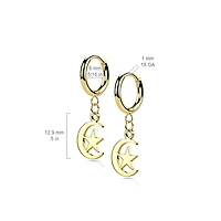 Pair Of 316L Surgical Steel Black PVD Thin Hoop Earrings With Dangling Moon & Star