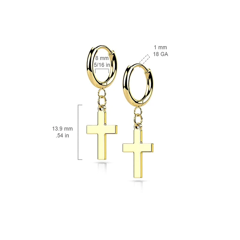 Pair Of 316L Surgical Steel Gold PVD Thin Hoop Earrings With Dangling Cross