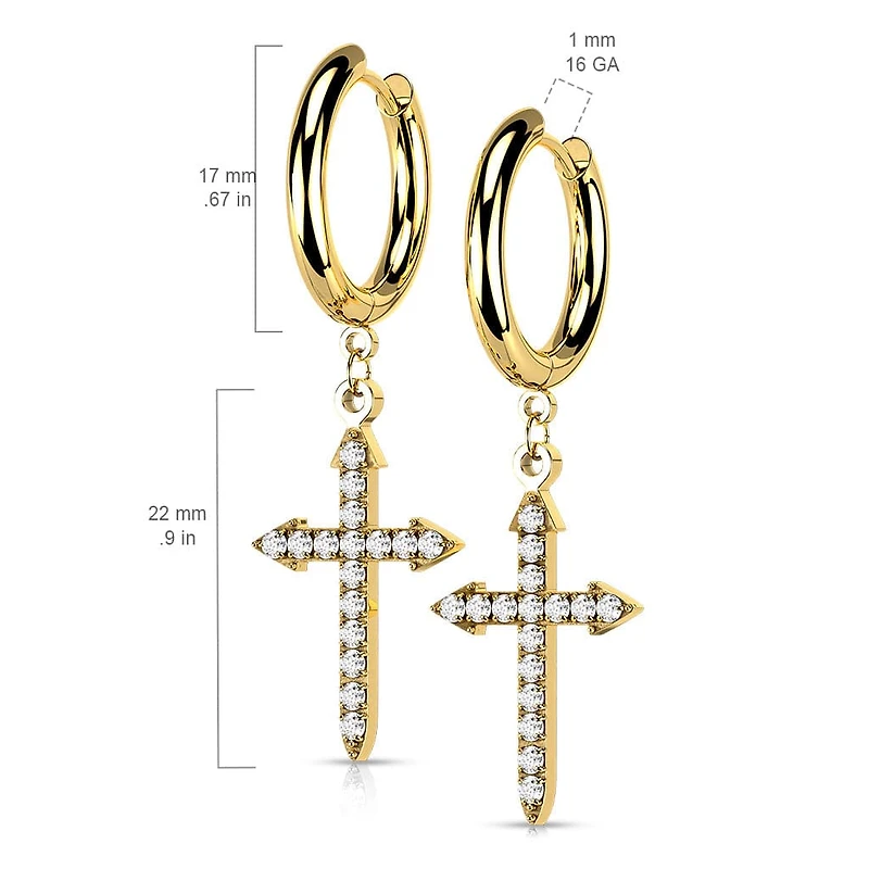 Pair Of 316L Surgical Steel Gold PVD White CZ Celtic Cross Dangle Hoop Earrings