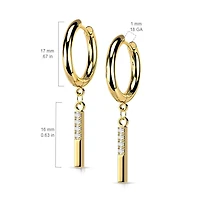 Pair Of 316L Surgical Steel Gold PVD White CZ Simple Line Dangle Hoop Earrings