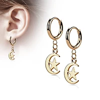 Pair Of 316L Surgical Steel Rose Gold PVD Thin Hoop Earrings With Dangling Moon & Star