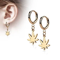 Pair Of 316L Surgical Steel Rose Gold PVD Thin Hoop Earrings With Dangling Weed Leaf