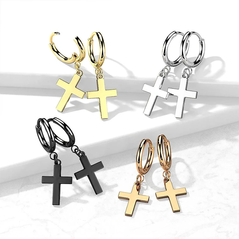 Pair Of 316L Surgical Steel Thin Hoop Earrings With Dangling Cross