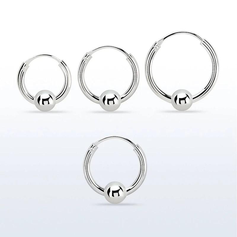 Pair of 925 Sterling Silver Ball Sleeper Hinged Hoop Earrings