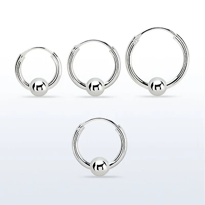 Pair of 925 Sterling Silver Ball Sleeper Hinged Hoop Earrings