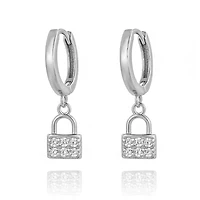 Pair of 925 Sterling Silver CZ Gem Lock Dangle Minimal Earrings