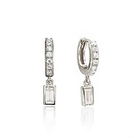 Pair of 925 Sterling Silver Diamond CZ Baguette Dangle Minimal Hoop Earrings