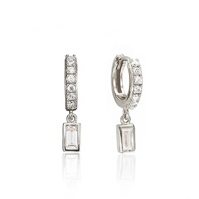 Pair of 925 Sterling Silver Diamond CZ Baguette Dangle Minimal Hoop Earrings