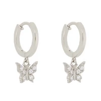 Pair of 925 Sterling Silver Diamond CZ Butterfly Dangle Minimal Hoop Earrings