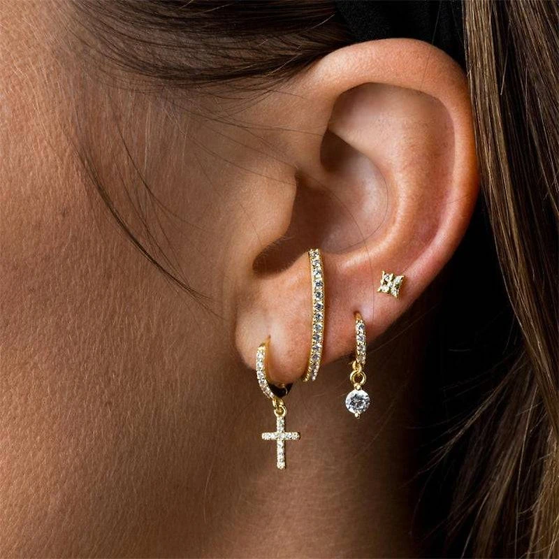 Pair of 925 Sterling Silver Diamond CZ Cross Dangle Minimal Hoops