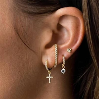 Pair of 925 Sterling Silver Diamond CZ Cross Dangle Minimal Hoops