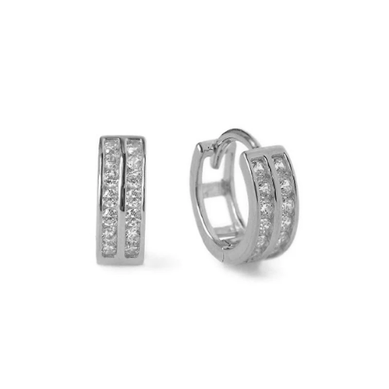 Pair of 925 Sterling Silver Double Row White CZ Minimal Hinged Huggy Hoop Earrings