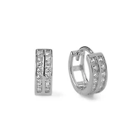 Pair of 925 Sterling Silver Double Row White CZ Minimal Hinged Huggy Hoop Earrings