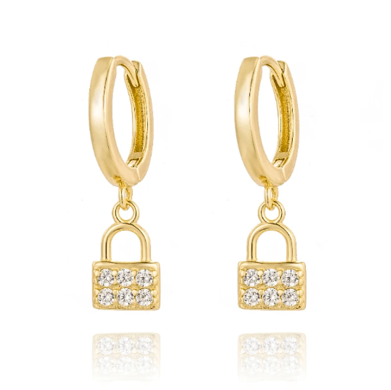 Pair of 925 Sterling Silver Gold PVD CZ Gem Lock Dangle Minimal Earrings