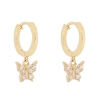 Pair of 925 Sterling Silver Gold PVD Diamond CZ Butterfly Dangle Minimal Hoop Earrings