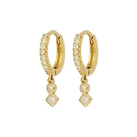 Pair of 925 Sterling Silver Gold PVD Diamond Minimal Hoop Earrings with CZ Dangles