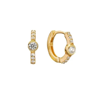 Pair of 925 Sterling Silver Gold PVD Diamond Single Gem Minimal Hoops