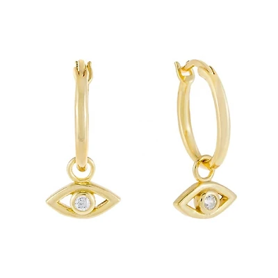 Pair of 925 Sterling Silver Gold PVD Evil Eye Dangle Minimal Hoop Earrings