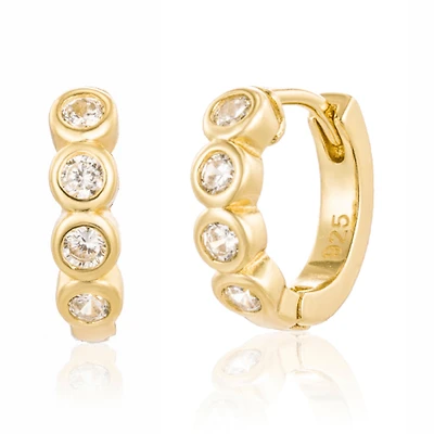 Pair of 925 Sterling Silver Gold PVD Minimal 4-CZ Gem Hinged Huggy Hoop Earrings