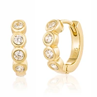 Pair of 925 Sterling Silver Gold PVD Minimal 4-CZ Gem Hinged Huggy Hoop Earrings