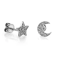 Pair of 925 Sterling Silver Large White CZ Star & Moon Minimal Earrings