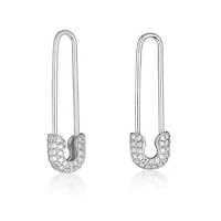 Pair of 925 Sterling Silver White CZ Gem Safety Pin Minimal Lightweight Earrings