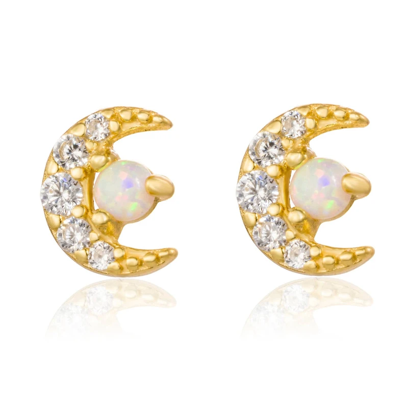 Pair of 925 Sterling Silver White Gold PVD Opal MOON Tiny Dainty Small Minimal Earrings