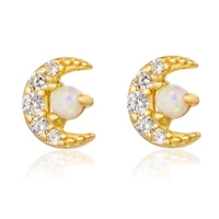Pair of 925 Sterling Silver White Gold PVD Opal MOON Tiny Dainty Small Minimal Earrings
