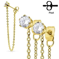Pair of Gold Plated Surgical Steel CZ Connected Chain Stud Earrings