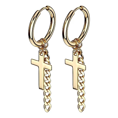 Pair of Gold Surgical Steel Cross & Chain Dangle Hoop Earrings