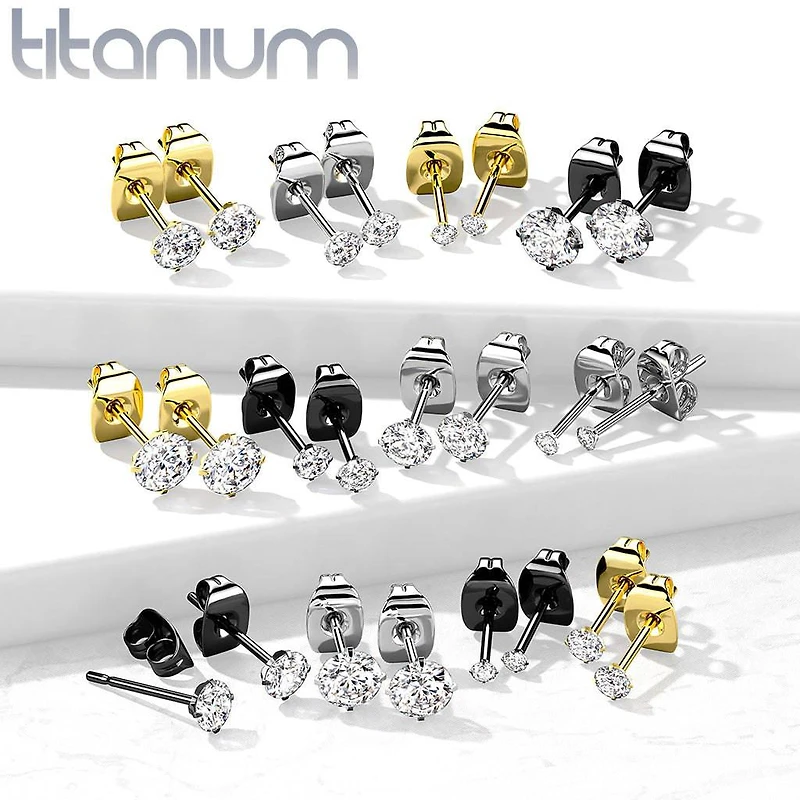 Pair Of Implant Grade Titanium Gold PVD White CZ Stud Earrings