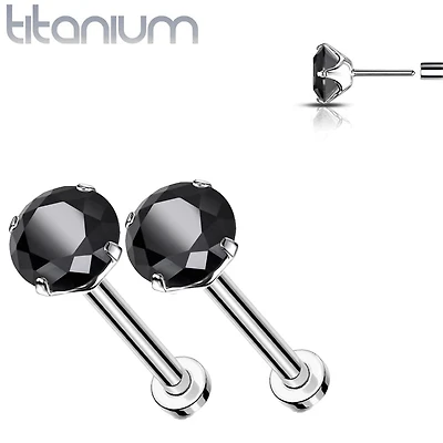 Pair of Implant Grade Titanium Threadless Black CZ Earring Studs with Flat Back