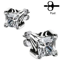 Pair of Stainless Steel Tribal Square CZ Gem Earrings Studs