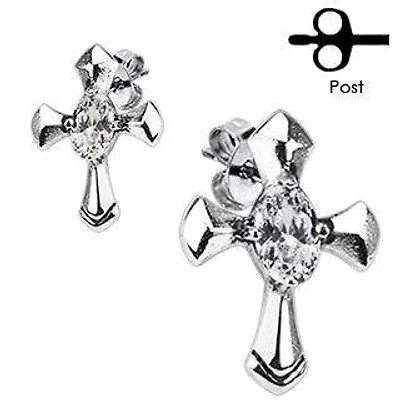 Pair of Stainless Steel White CZ Gem Cross Crucifix Earrings Studs