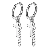 Pair of Surgical Steel Cross & Chain Dangle Hoop Earrings